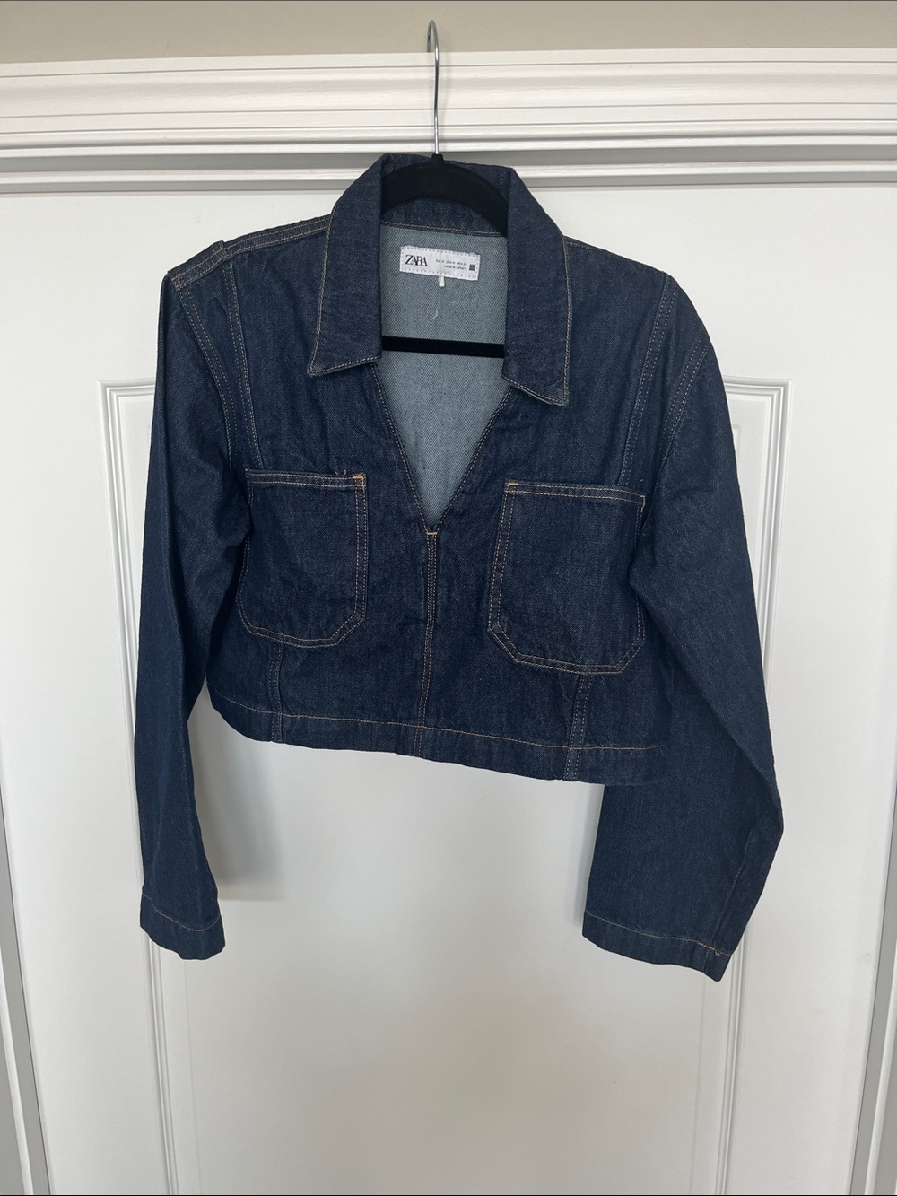 Zara Navy Cropped Denim Top with Utility Pockets